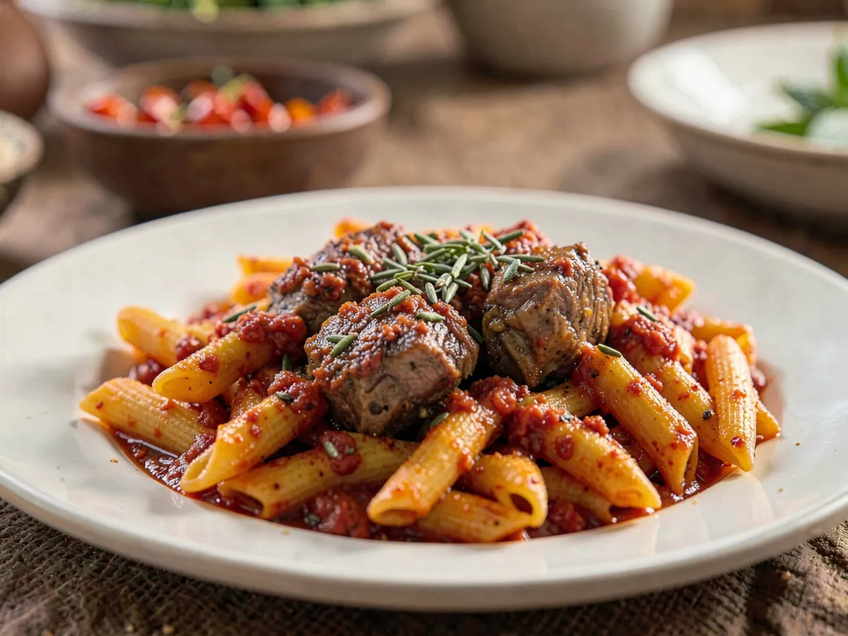 Makarouna (pasta tunecina de cordero y harissa)