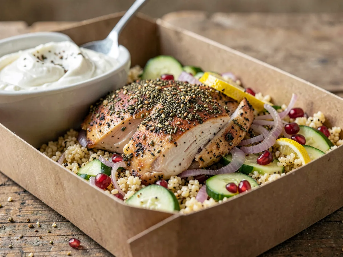 Táper de pollo al za'atar con quinoa y labneh