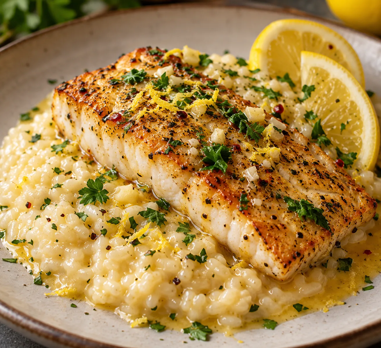 Low-Cal Lemon White Wine Mahi Mahi with Four Cheese Risotto