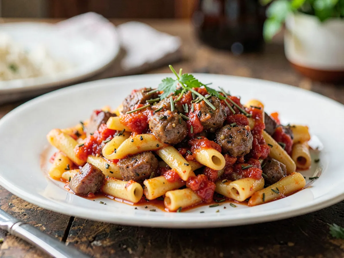 Rigatoni con salchicha e hinojo