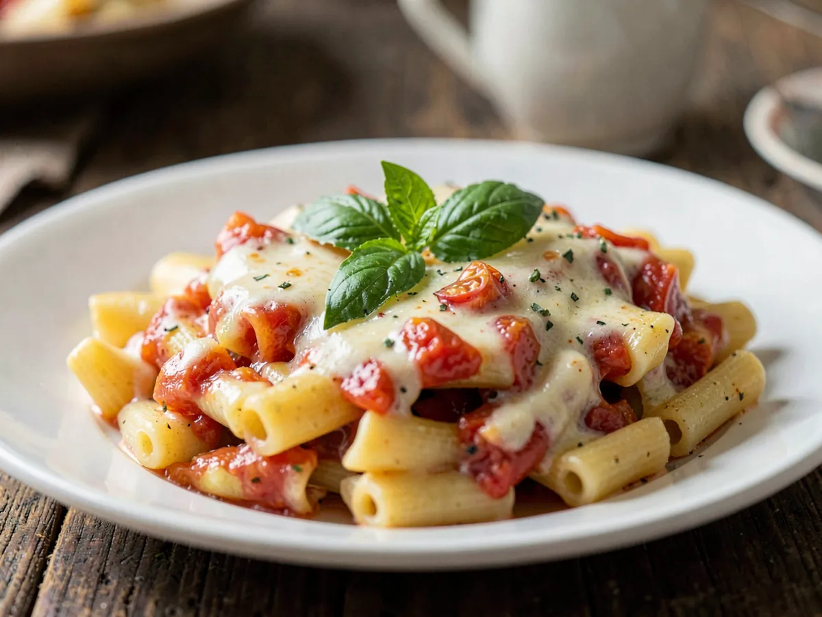 Rigatoni cremosos de tomate y albahaca