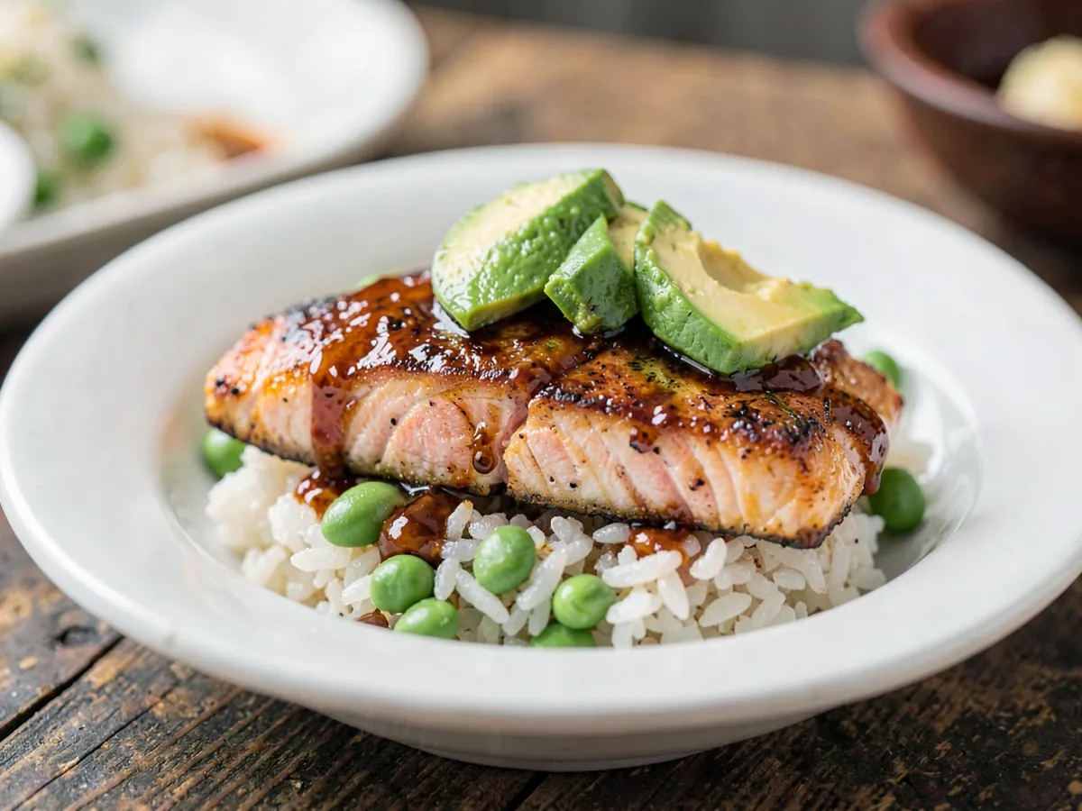 Donburi de salmón teriyaki