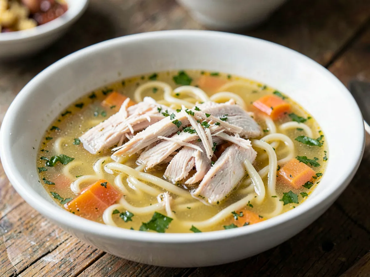 Sopa de pollo con fideos