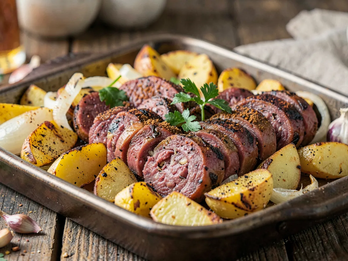 Roasted Morcela with Potatoes and Onions