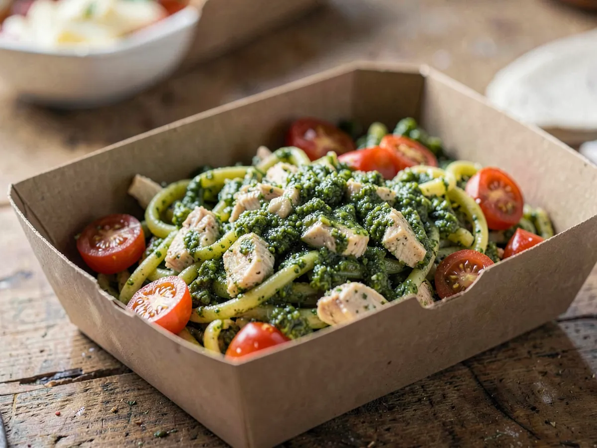Fiambrera de pasta con pollo y pesto alta en proteínas