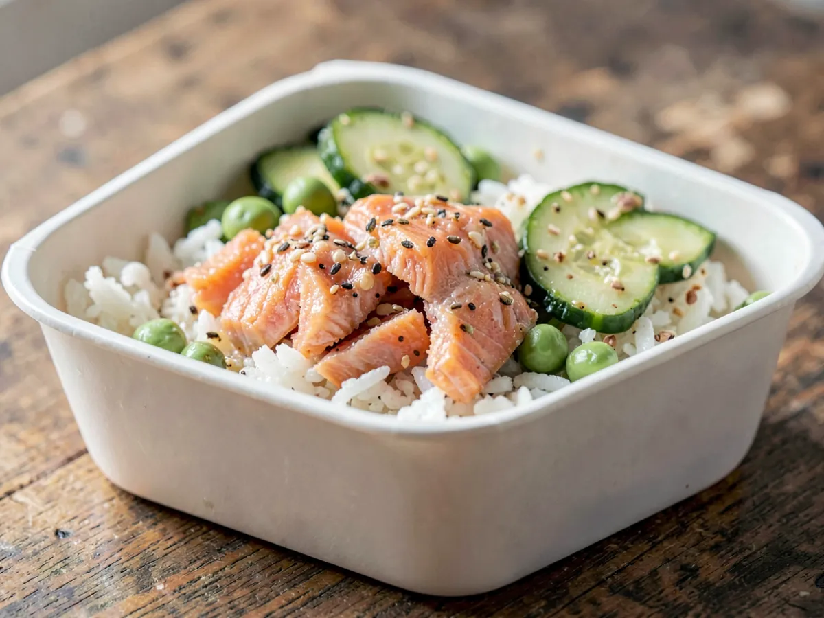 Fiambrera de salmón y arroz rica en proteínas