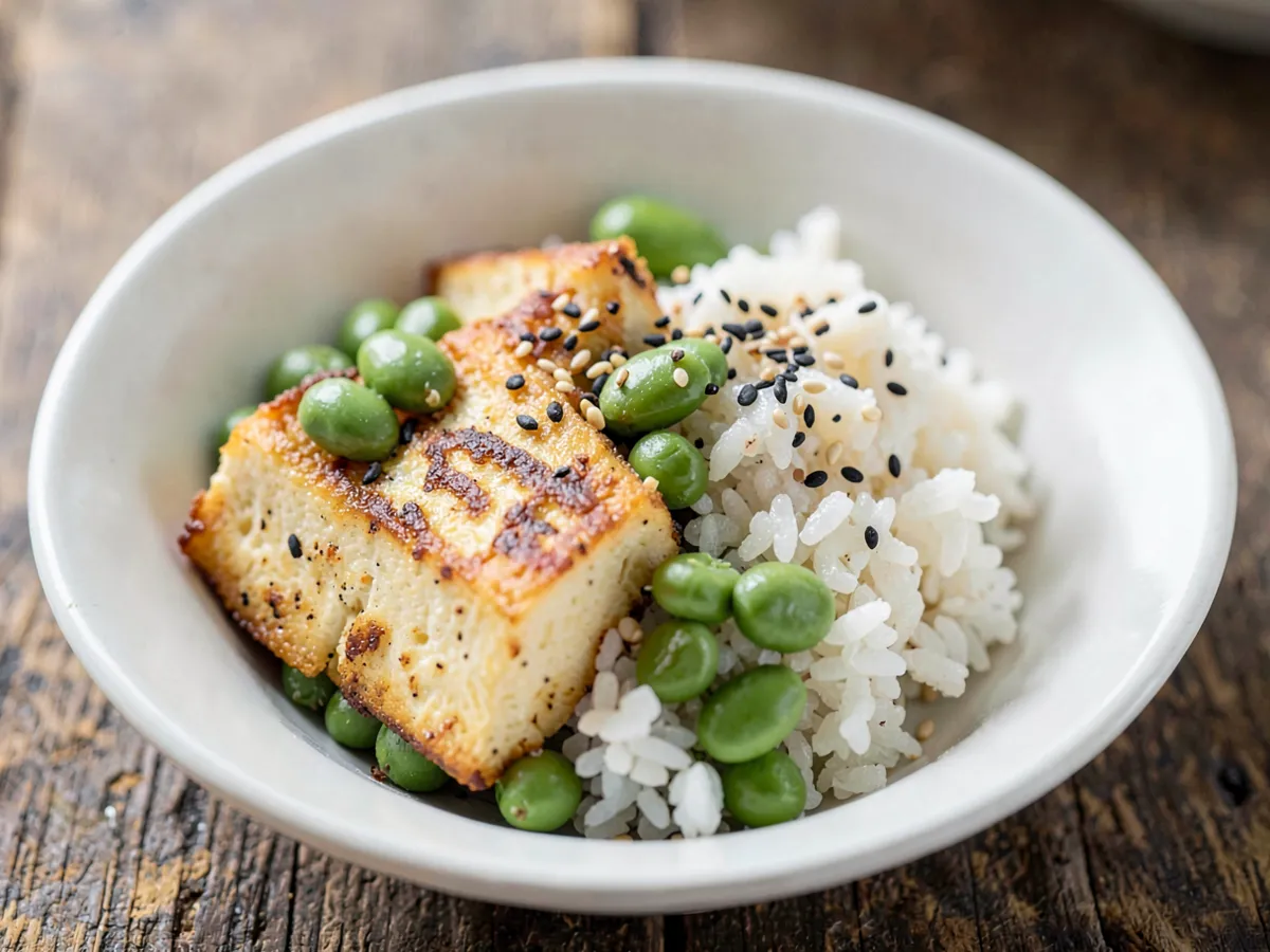 High-Protein Tofu Edamame Rice Bowl