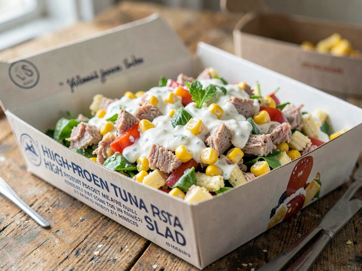 Fiambrera de ensalada de pasta con atún alta en proteínas