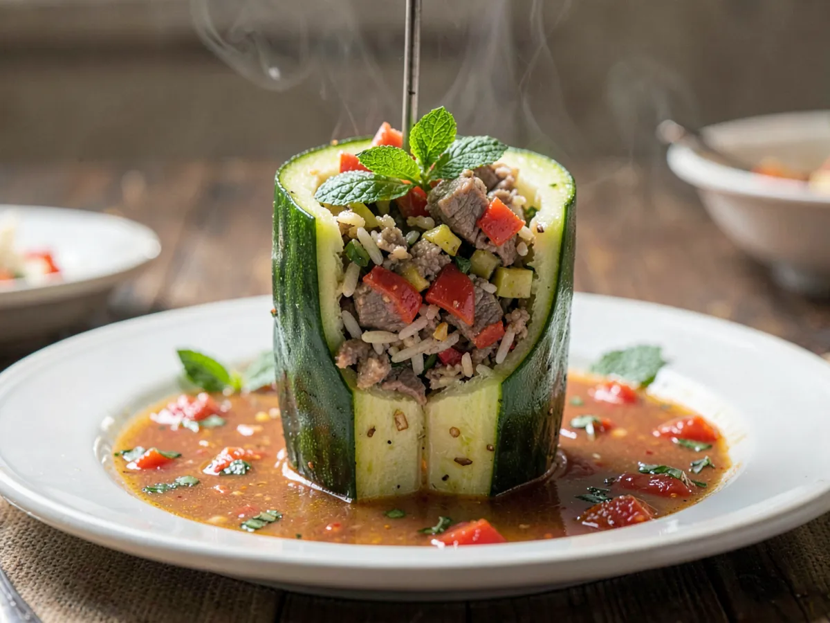 Kousa Mahshi (Stuffed Zucchini in Tomato and Mint Broth)
