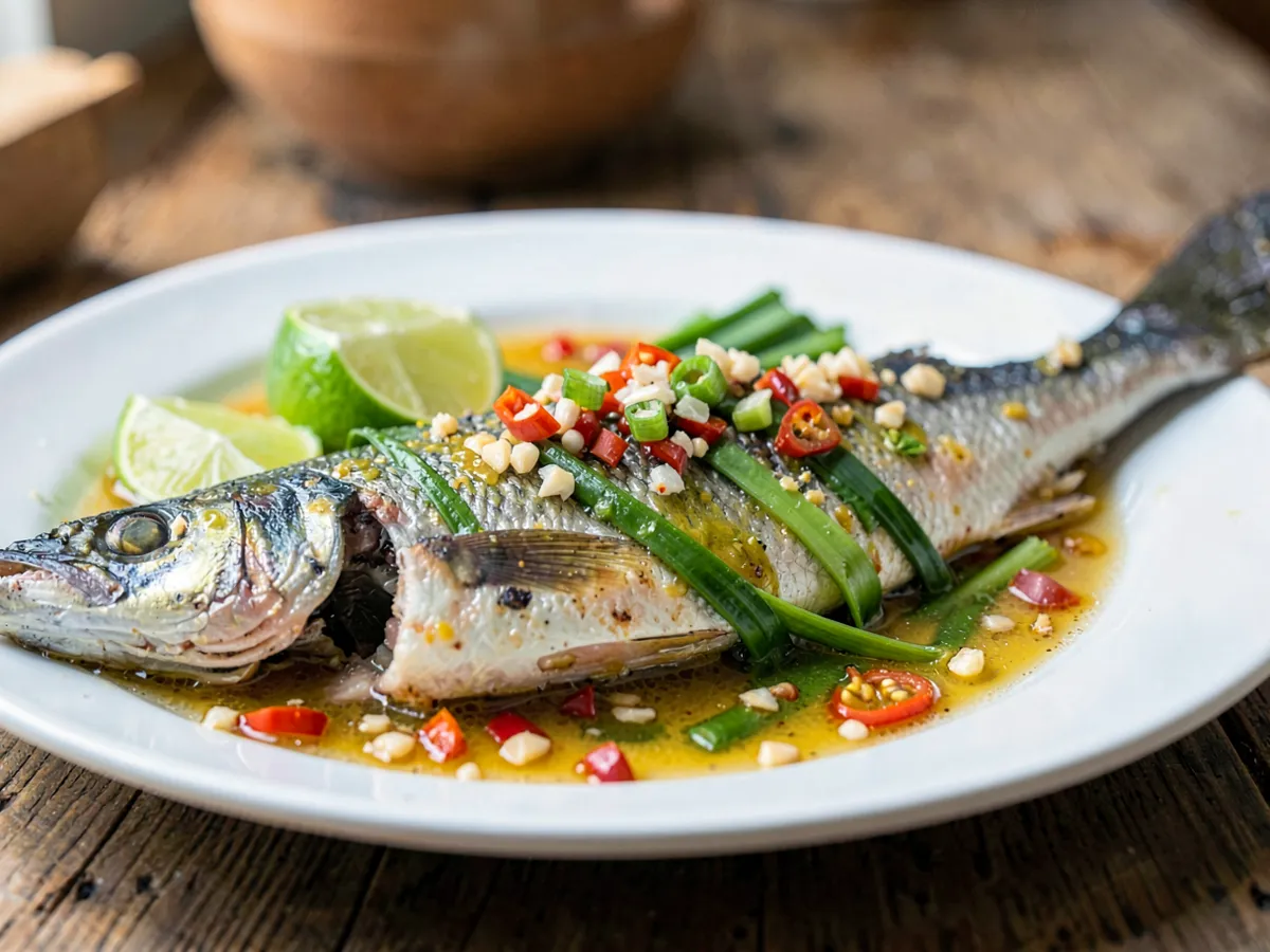 Pla Neung Manao (Thai Steamed Sea Bass with Lime and Chilli)